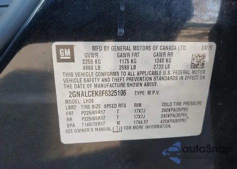 2015 Chevrolet Equinox 2Lt из США, поврежденный, VIN 2GNALCEK8F6325106